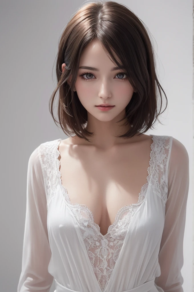8K Ultra HD、RAWphotograph、モデルphotograph撮影、 European laces、(masterpiece、highest quality、Realistic、High resolution、photograph:1.3)、close、focus on、Hot Model、slim、30 year old mature woman、Small face、No makeup、short hair、Beautiful dark brown Hayne eyes、Genuineスキン、(Perfect body)、Sexy hot face、erotic、sexual sight、slim、shirt、Long sleeve、Hide your chest、Beautiful eyes in every detail、Glossy lips、Small breasts、Small breasts、Bust B cup、((Bright light、Dynamic Lighting、Genuine、超Genuine、 realism、Genuineなディテール、Cool Beauty、Cool pose、Background white、Plain white background