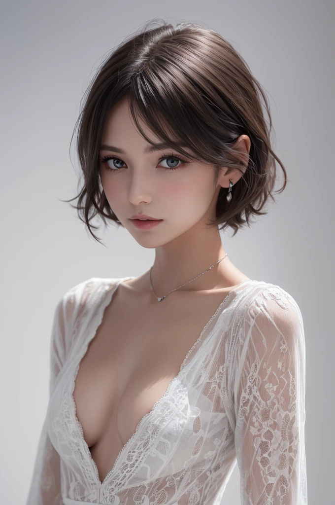 8K Ultra HD、RAWphotograph、モデルphotograph撮影、 European laces、(masterpiece、highest quality、Realistic、High resolution、photograph:1.3)、close、focus on、Hot Model、slim、30 year old mature woman、Small face、No makeup、short hair、Beautiful dark brown Hayne eyes、Genuineスキン、(Perfect body)、Sexy hot face、erotic、sexual sight、slim、shirt、Long sleeve、Hide your chest、Beautiful eyes in every detail、Glossy lips、Small breasts、Small breasts、Bust B cup、((Bright light、Dynamic Lighting、Genuine、超Genuine、 realism、Genuineなディテール、Cool Beauty、Cool pose、Background white、Plain white background