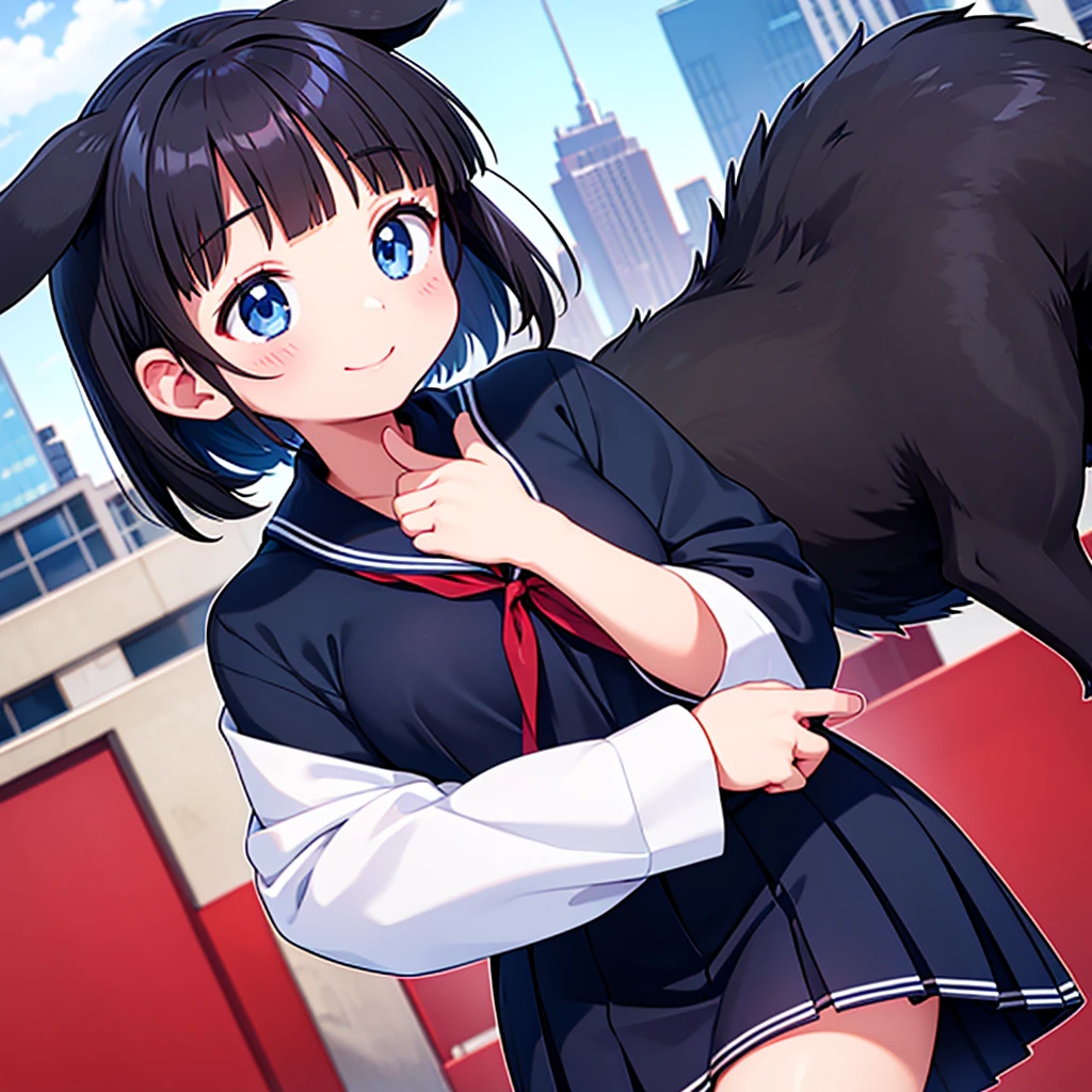 Short black hair Adult female　Dog Ears　Dark blue colored eyes　A student wearing a navy blue sailor uniform with a red ribbon　In the city　Smiling Face Close-up