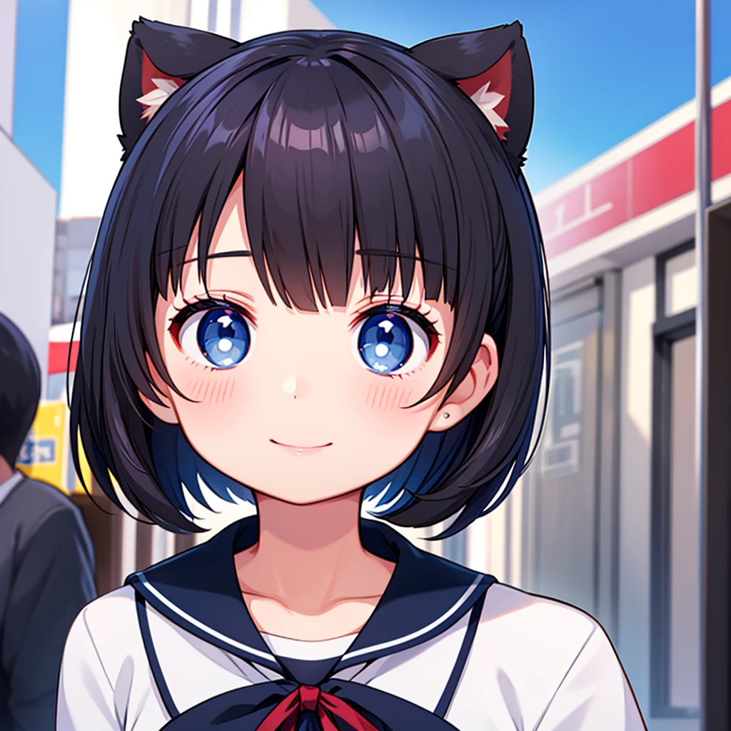 Short black hair Adult female　Dog Ears　Dark blue colored eyes　A student wearing a navy blue sailor uniform with a red ribbon　In the city　Smiling Face Close-up