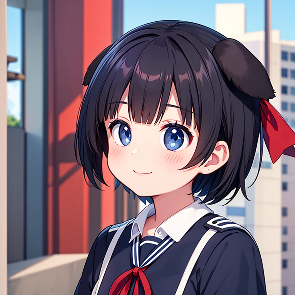 Short black hair Adult female Dog Ears Dark blue colored eyes A student wearing a navy blue sailor uniform with a red ribbon In the city Smiling Face Close-up