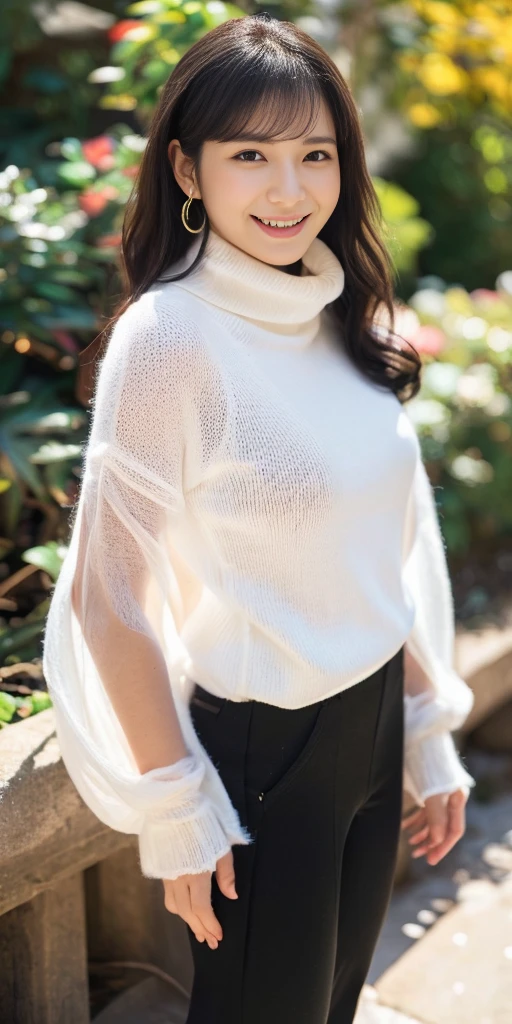 Female, 20 years old, short black wavy hair、bangss、Puffy nipple、(White Turtleneck Knit), cute smile face、((Poses that emphasize the buttocks、turned around))、sexy hips、Cute earrings、(Tilt your head slightly)、underwear、Peachy Butt、Torn、Tattered、See-through、Transparency、baby doll、Idol
