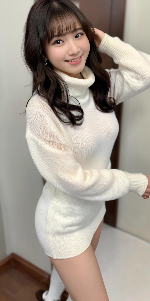 Female, 20 years old, short black wavy hair、bangss、Puffy nipple、(White Turtleneck Knit), cute smile face、((Poses that emphasize the buttocks、turned around))、sexy hips、Cute earrings、(Tilt your head slightly)、underwear、Peachy Butt、Torn、Tattered、See-through、Transparency、baby doll、Idol