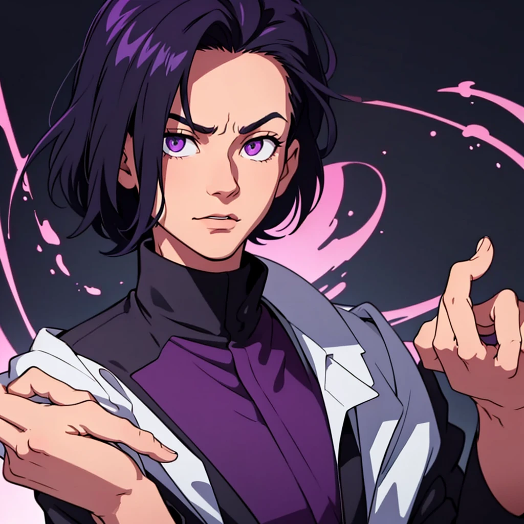 short black hair, highres, high resolution, masterpiece, wide purple eyes, talking, stoic, confident, masterpiece, best quality, highres, 1 man, Geto Suguru jujutsu kaisen, straight hair, slicked back hair, pushed back hair, black hair, short hair, 2 strands in front of face, 2 strands in front ager, colorful hair, light background, full body, teen, colorful parts, symbols, dark , bold, realistic mixing dark lines and loose lines, bold lines, on paper, human man, full body, intimidating pose, stylish outfit, dark theme, beautiful, pretty, modest, standing, male, sharp chin, high cheekbones, white background, highres, high resolution, masterpiece