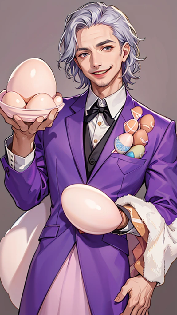 Portrait of a man in his 40s、standing、silver hair、the joker、purple dress , smile , Long body、 、desert background、(holding eggs:1.5)