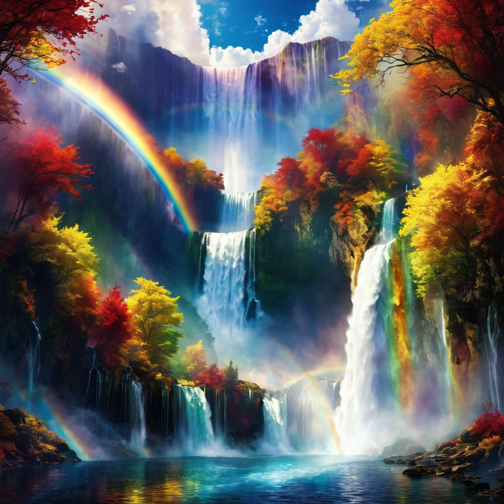 Sky, waterfall, fall, water, Light, cloud, heaven, hell, rainbow, Angel, devil, Contrast, mysterious, Fantasy, beautiful, That&#39;s horrible, sacred, grow,beautiful Anime Scenery, Landscape painting, beautifulデジタル絵画, Andreas Rocha, beautifulアートワークのイラスト, Awesome Wallpapers, Raymond Han, 背の高いbeautiful絵画, Studio Greeble Makoto Shinkai, beautiful壁紙, Anime Scenery