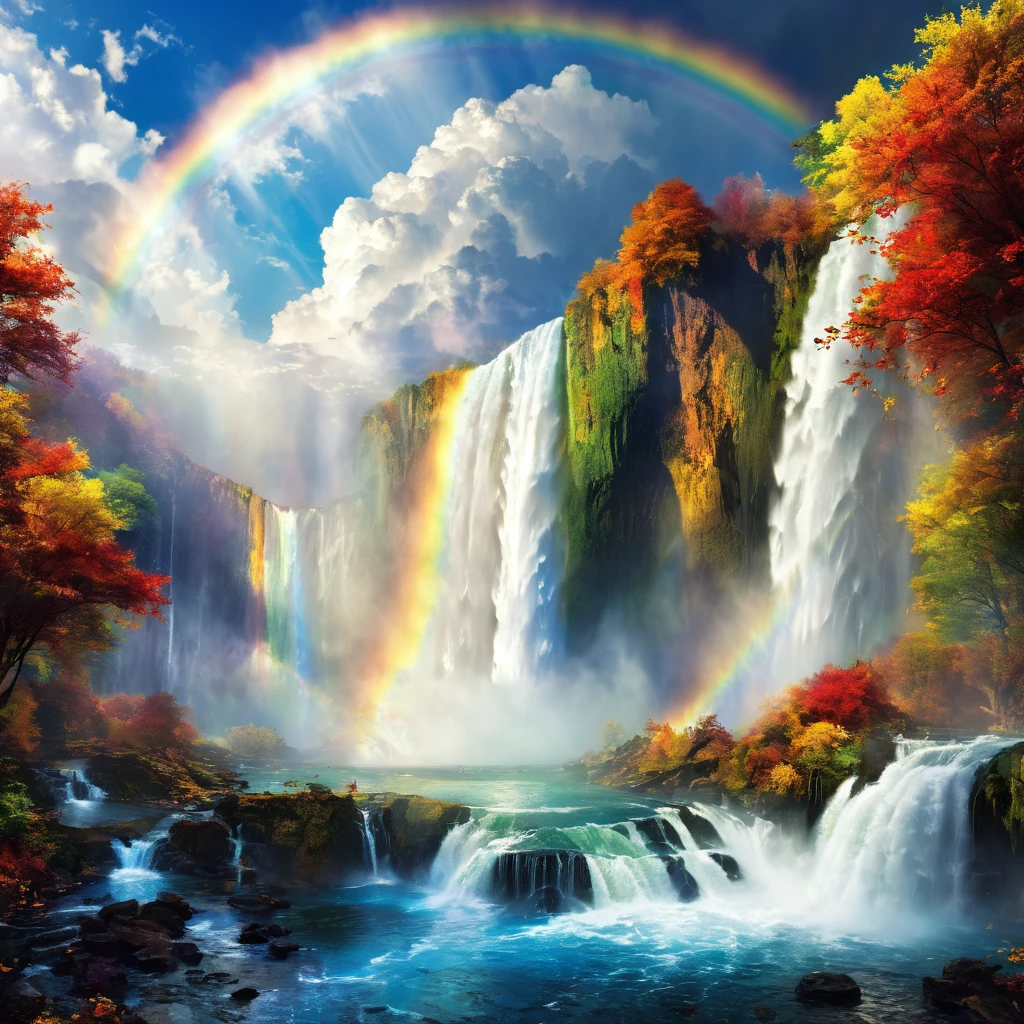 Sky, waterfall, fall, water, Light, cloud, heaven, hell, rainbow, Angel, devil, Contrast, mysterious, Fantasy, beautiful, That&#39;s horrible, sacred, grow,beautiful Anime Scenery, Landscape painting, beautifulデジタル絵画, Andreas Rocha, beautifulアートワークのイラスト, Awesome Wallpapers, Raymond Han, 背の高いbeautiful絵画, Studio Greeble Makoto Shinkai, beautiful壁紙, Anime Scenery