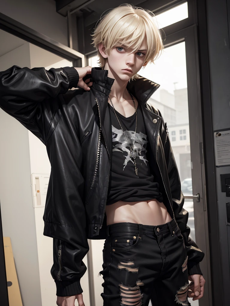 (best quality), 1boy, male, pale skin, blonde roots, black hair, short hair, messy hair, messy bangs, bangs over eyes, black eyes, bags under eyes, skinny body, , scowl, goth boy, oversized jacket, ripped jeans, childish, masterpiece, anatomically correct, highres
