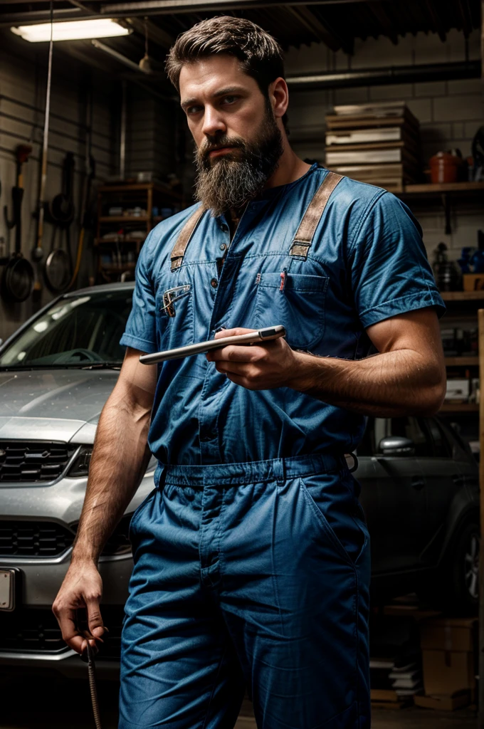 mechanic man, with a short beard in a workshop, next to a car, using a tablet, very realistic, very detail, blue overall.