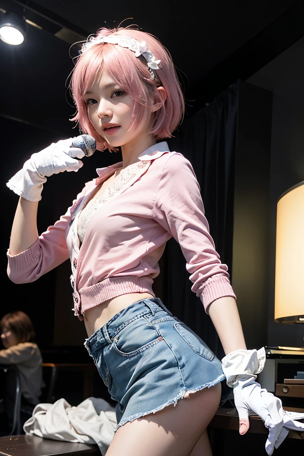 (8K, top-quality, masterpiece:1,2), (reallistic, Photorealsitic:1.37), Super Detail, One girl,), (Highly detailed), (beautifully detailed eyes), (of the highest quality), (super detailed ), (masterpiece), (Detailed face),20yr old, ,1 girl, ((pink hair,Very short hair)), medium breasts, clothed, Perfect Lighting, BREAK (orange cardigan:1.3), (white blouse:1.4), (denim skirt:1.4), (A-line silhouette:1.2), lace, ribbon, (white lace socks:1.2), (ballet shoes:1.2), (small and simple accessories:1.2), (headband:1.2), BREAK (pink very short hair:1.4), (white lace headband:1.2), smiling, (cheeks slightly red:1.2), holding microphone in right hand, spreading fingers in left hand, (white gloves with ribbons:1.2), TV studio, stage, curtain, lighting, audience, screen, (bright light on face:1.3),),Flat Chest,Small hips,Small waist,Small waist,Thin legs,Small buttocks and thin thighs and legs,Beautiful and aesthetically pleasing nipples,,Are thin,Especially slim lower body,Pale pink underwear,Thin cotton underwear,A simple undergarment made of thin strings,Small breasts,Flat Chest,Small Bust,Small hips,Small waist,Are thin,Thin body type,Thin legs,Small butt and slim thighs,all nude,full nude,Completely naked,Korean,Korean famous idol star,Korean beautiful girl dancer,Korean singer,Thin butt,flat ass,The belly button and the surrounding area are exposed,Beautiful nipples,The most artistically and aesthetically beautiful nipples,