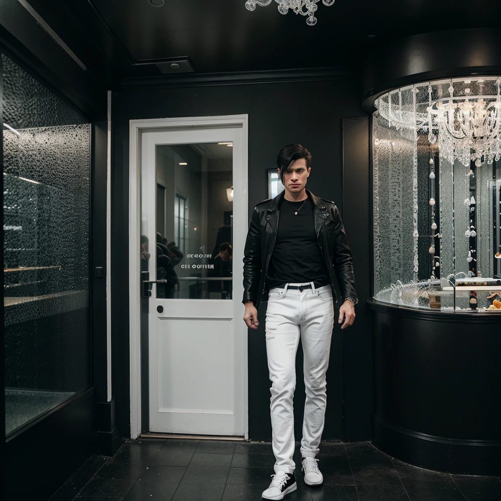 A white man with black tufted hair, wearing black jeans, a black shirt and a white jacket and he is wearing white shoes is standing in front of a restaurant with glass decorations.