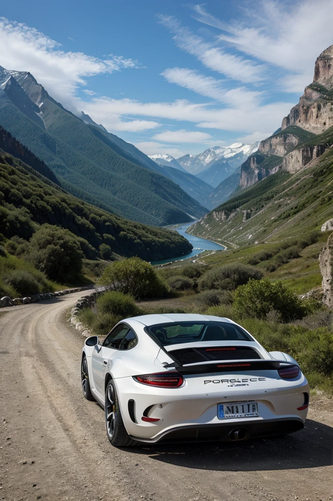 ((best quality)), ((masterpiece)), (detailed), Porche gt in mountains and rivers