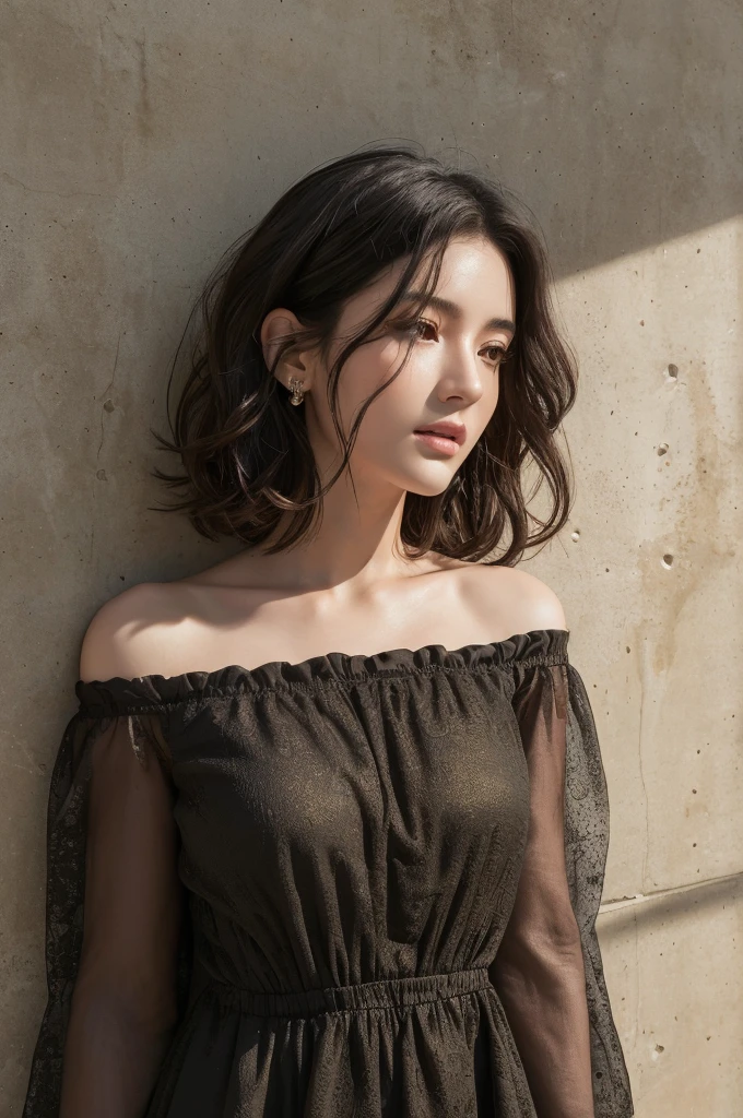 (masterpiece:1.3), (8k, Realistic, RAW Photos, highest quality: 1.4), (One Girl), Beautiful Face, (Realistic Face), (Black Hair, Short hair with loose waves:1.3), Beautiful Hairstyles, Realistic eyes, Beautiful details, (Realistic Skin,Landscape,Look away,Looking Up,Brush your hair up), Beautiful Skin, (Nice dress,Big size,Black Dress,Long sleeve), Absurd, charm, Ultra-high resolution, Ultra-realistic, Very detailed, Golden Ratio,Concrete wall,