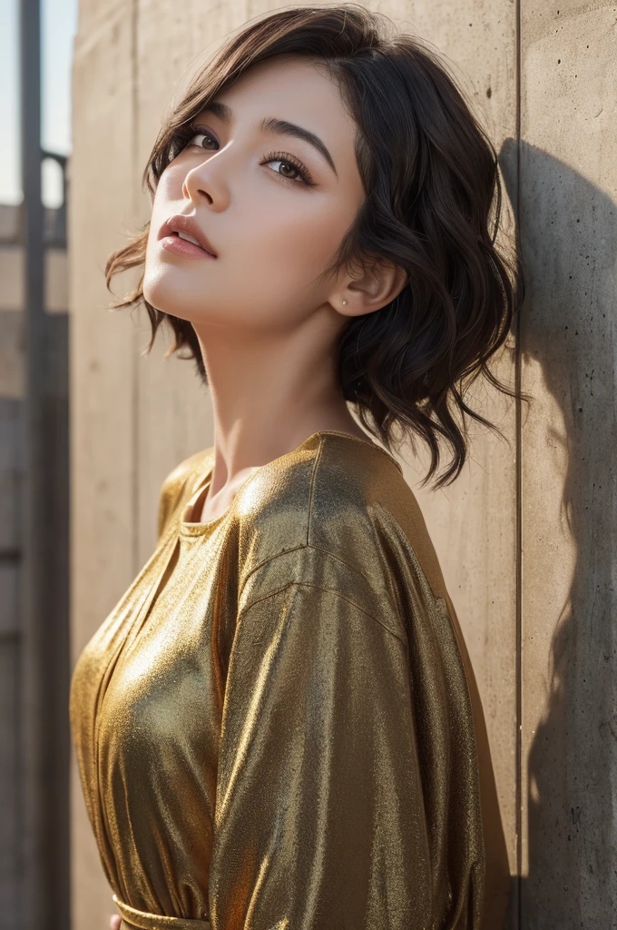 (masterpiece:1.3), (8k, Realistic, RAW Photos, highest quality: 1.4), (One Girl), Beautiful Face, (Realistic Face), (Black Hair, Short hair with loose waves:1.3), Beautiful Hairstyles, Realistic eyes, Beautiful details, (Realistic Skin,Landscape,Look away,Looking Up,Brush your hair up), Beautiful Skin, (Nice dress,Big size,Black Dress,Long sleeve), Absurd, charm, Ultra-high resolution, Ultra-realistic, Very detailed, Golden Ratio,Concrete wall,
