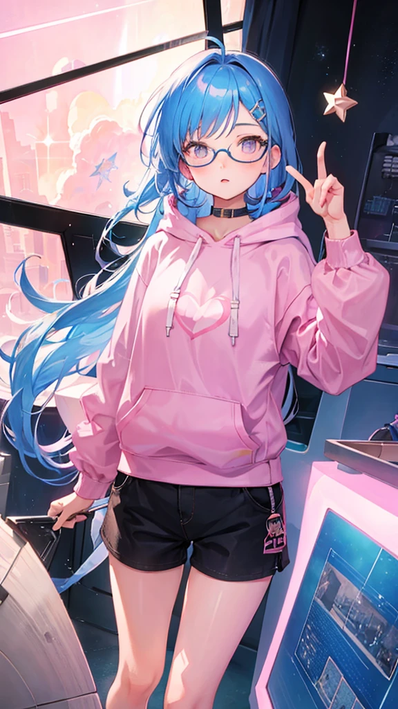 Blue Hair　Straight Hair　Long Hair　Pink Eyes　Glasses　Starry Sky　One girl　hoodie　Shorts