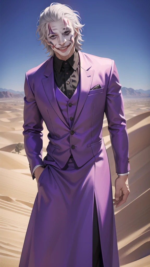 Portrait of a man in his 40s、standing、silver hair、the joker、purple dress , smile , Long body、 、desert background、
