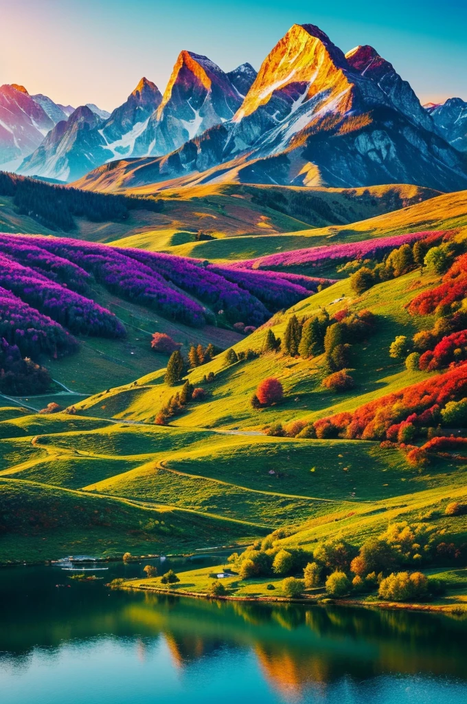 masterpiece, best quality, ultra-detailed, vivid colours, landscape trippy