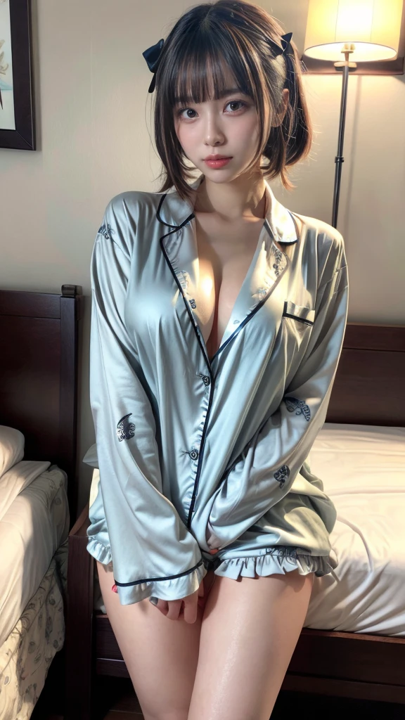 ((top-quality、8k、masterpiece:1.3))、Beautiful woman with perfect body:1.4、slim abdomen:1.2、Longhair, normal breast, Highly detailed facial and skin texture, A detailed eye, (smile), (full body shot), ((bedroom)), (sitting at sofa), (((wearing pajamas))), looking infront
