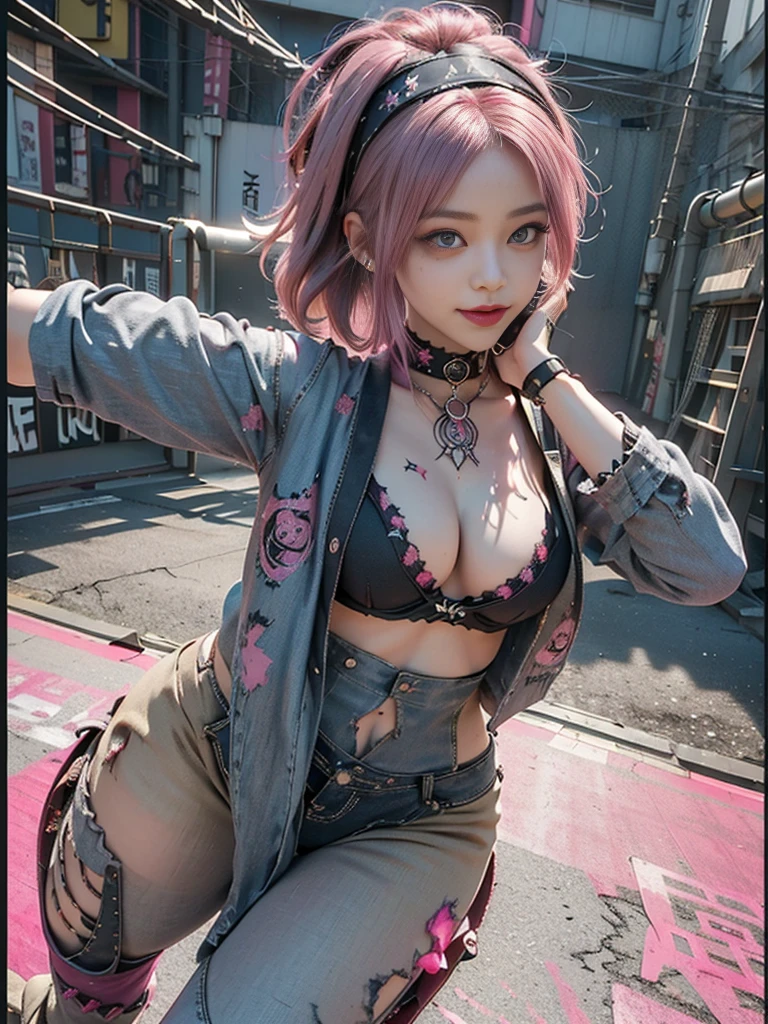 (Full Body View:1.1)、(Side view:1.0)、(Beautiful face:1.3)、(Smiling with teeth showing:1.3),(Shibuya Gal:1.5)、(Beverly Hills Whore:1.4)、(Neo-goth fashion:1.5)、(Punk RockVisual Kei:1.4)、(Modern magenta and red Barong:1.5)、(Tattered brown and charcoal denim bugle pants:1.5)、(Mustard Yellow Headband:1.3)、(Charcoal and khaki high heels:1.4)、collar、(We sell patterned underwear with logos.:1.4)、、NSFW,((highest quality、In 8K、masterpiece:1.3))、Sharp focus:1.2、(Layered Cut、Huge boobs:1.1),Beautiful woman with perfect figure:1.4、(Open legs:1.3)、(Raise your arms:1.2)、(Open your crotch:1.3)、Slender Abs:1.2、Butt、Highly detailed face and skin texture、Detailed eyes、double eyelid,(Bob Hair:1.3)、(Pink Hair:1.3)、Dynamic Pose、Obscene pose、Humiliating pose、Gravure idol、(luxury fashion show stage:1.3)、(Make your legs thinner:1.4)、(Slim body:1.3)、(clavicle:1.1)