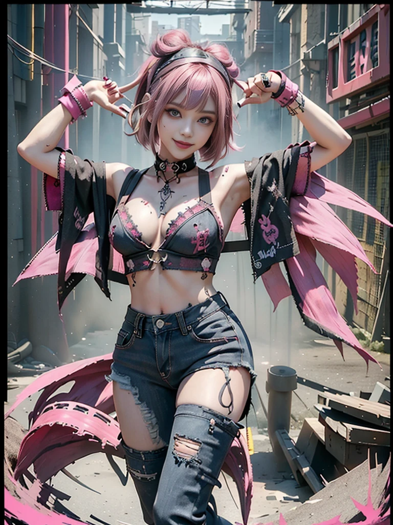 (Full Body View:1.1)、(Side view:1.0)、(Beautiful face:1.3)、(Smiling with teeth showing:1.3),(Shibuya Gal:1.5)、(Beverly Hills Whore:1.4)、(Neo-goth fashion:1.5)、(Punk RockVisual Kei:1.4)、(Modern magenta and red Barong:1.5)、(Tattered brown and charcoal denim bugle pants:1.5)、(Mustard Yellow Headband:1.3)、(Charcoal and khaki high heels:1.4)、collar、(We sell patterned underwear with logos.:1.4)、、NSFW,((highest quality、In 8K、masterpiece:1.3))、Sharp focus:1.2、(Layered Cut、Huge boobs:1.1),Beautiful woman with perfect figure:1.4、(Open legs:1.3)、(Raise your arms:1.2)、(Open your crotch:1.3)、Slender Abs:1.2、Butt、Highly detailed face and skin texture、Detailed eyes、double eyelid,(Bob Hair:1.3)、(Pink Hair:1.3)、Dynamic Pose、Obscene pose、Humiliating pose、Gravure idol、(luxury fashion show stage:1.3)、(Make your legs thinner:1.4)、(Slim body:1.3)、(clavicle:1.1)