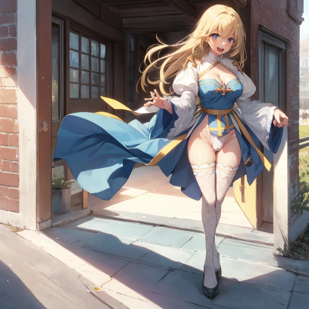 Texture CG,((Ultra Detail Art)),((​master piece)),(extremely details CG),1girl,solo,ragnarokarch,(nsfw:1.3),(open legs with standing pose),gal,gyaru,beautiful breasts,slim body,slim legs,collarbones,slim and smooth lines,slim waist,small butt,(nipple erection:1.2),(panty shot:1.3),(show off panties:1.3),(wind lift:1.3),(highleg panties,thong,white panties),(cameltoe,pussy peek,huge erection clitoris),(((White Puff Sleeves))),white thigh thighs,Gold Sash,White blue dress from neck to chest,cleavage cutout,Long blue skirt with slit,(above knee length pelvic curtain),Blue Wide Sleeve,(Blue Dress narrow Front),long hair,golden blonde hair,Curve,Beautiful detailed eyes ,gleaming skin,open mouth,smile,outsides,clear sky,in summer,windy,garden, 