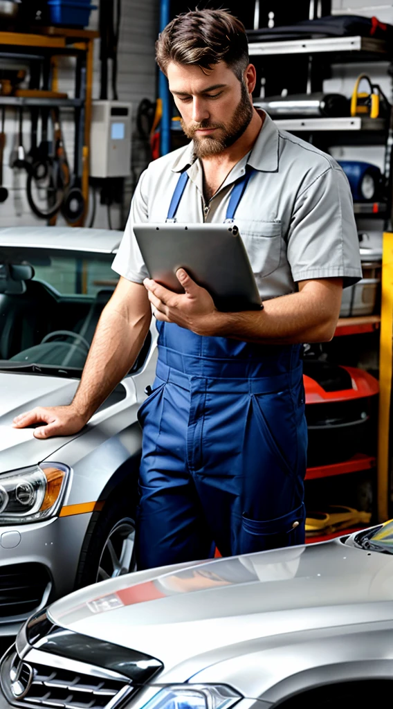 mechanic man, with a short beard in a workshop, next to a car, using a tablet
