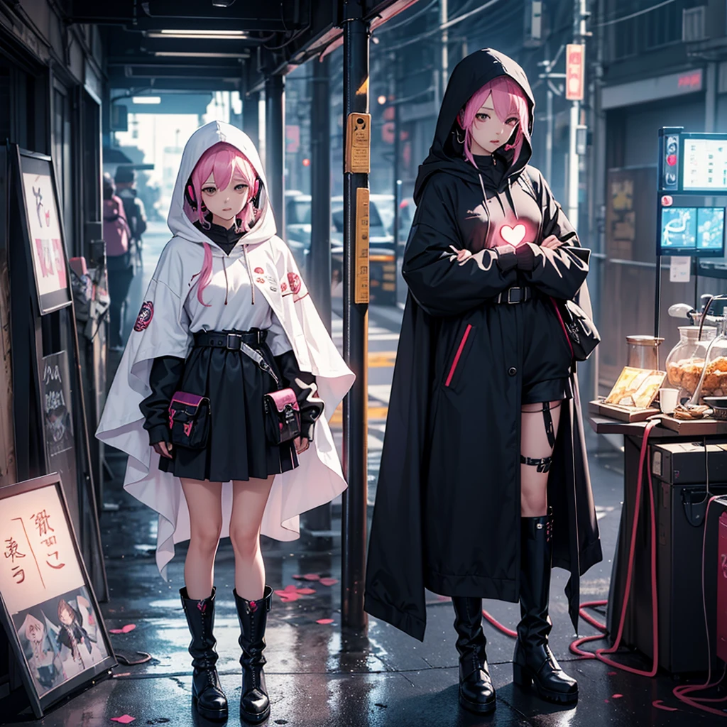 masterpiece、highest quality、Anime Magical Girl、cyber punk、Cute heart-shaped magic wand、Hooded cloak、Put the headset on your head、アイドルの服なのにcyber punk、White long boots、Pouch on waist、