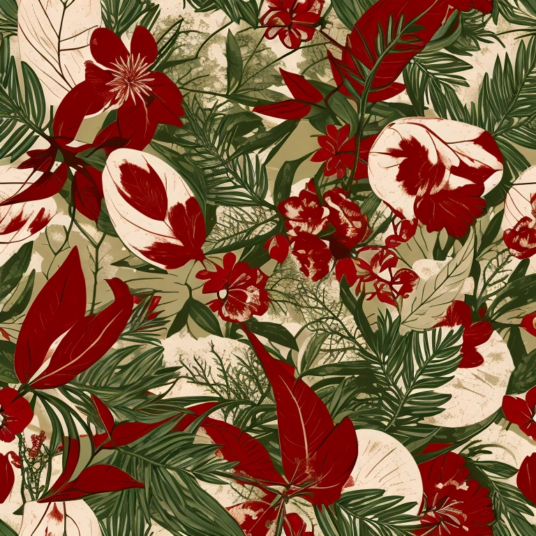 Create a print pattern background in earthy tones. A pattern with the following elements: Christmas flowers and pine branches.