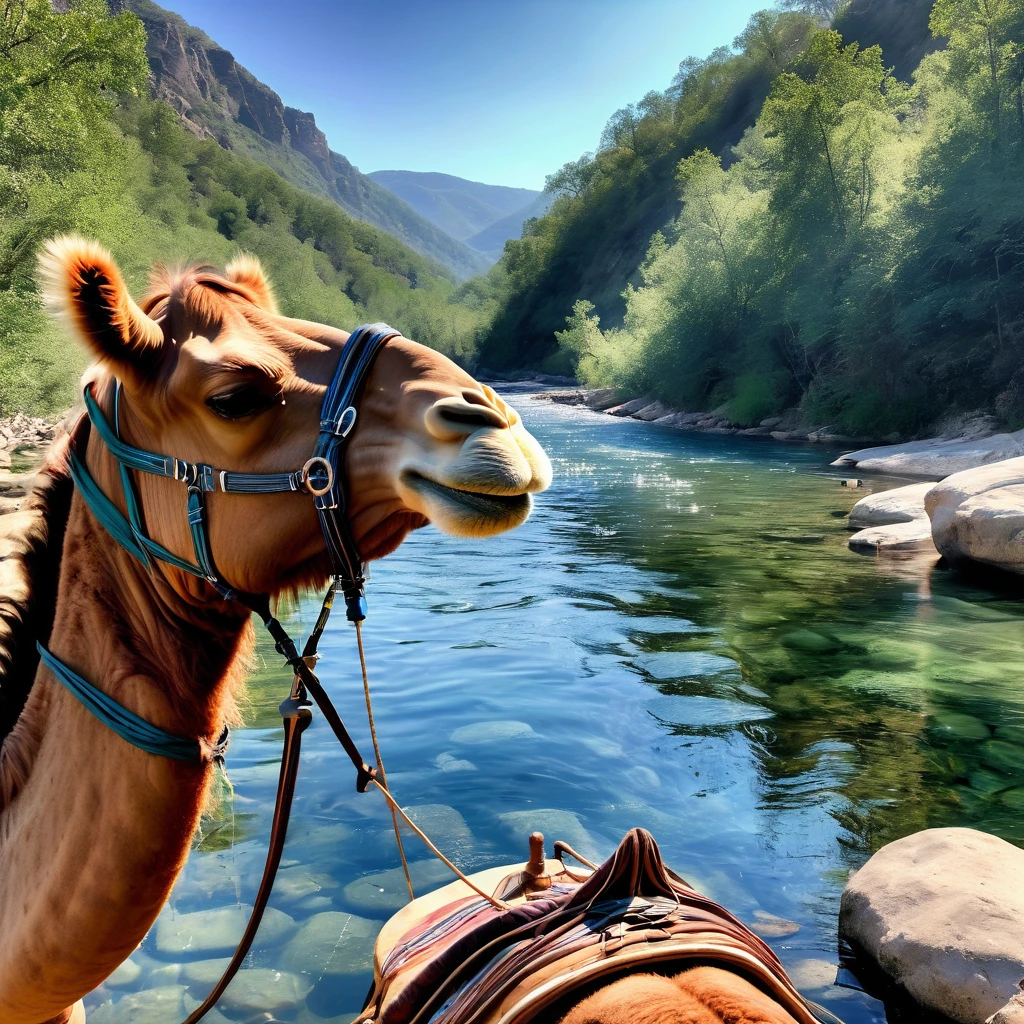 a photo of camel riding a stone, above river, realistic, sparkling water, light ray, happy face,