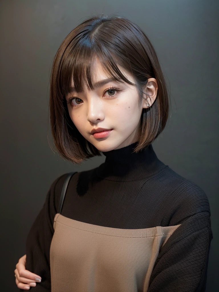 (((Face close-up)))、(((Brown, shoulder-length, straight short bob)))、(((She is posing like a model at a hair salon., Indoors, against a black wall.)))、(((Casual black winter long sleeves covering the shoulders)))、Half Japan, Half Korean、18-year-old girl、Independent、I&#39;m looking forward to、Light eye makeup、Brown Hair Color、Flat 、Hair blowing in the wind、Quality of actress、Shiny, Ultra-realistic face、smile、Watery eye、look up、Subtle lighting effects、 Ultra-Realistic Capture、Very detailed、High resolution 16K human skin closeup。Skin texture must be natural、The detail must be such that the pores are clearly visible.、skin is healthy、Even Tone、Use natural light and color、Worn out, High quality photos taken by modeling agencies&#39;In-house photographer.、smile、(((Sigma 300mm F/1.4,1/1000 sec shutter,ISO400))) 