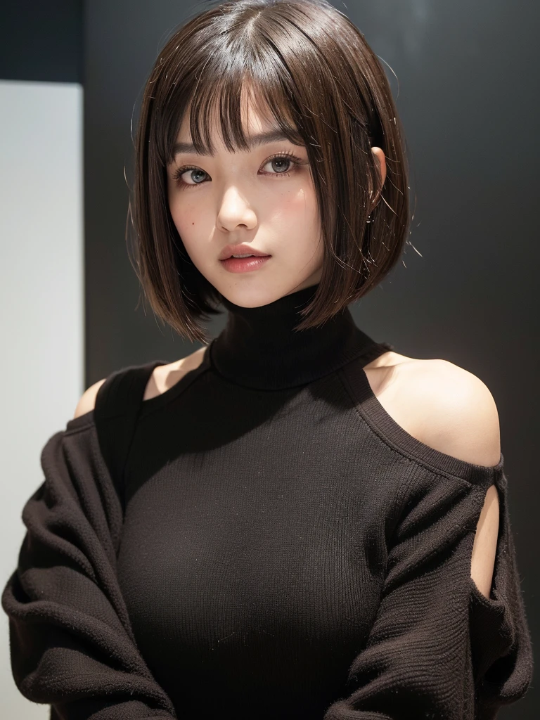 (((Face close-up)))、(((Brown, shoulder-length, straight short bob)))、(((She is posing like a model at a hair salon., Indoors, against a black wall.)))、(((Casual black winter long sleeves covering the shoulders)))、Half Japan, Half Korean、18-year-old girl、Independent、I'm looking forward to、Light eye makeup、Brown Hair Color、Flat 、Hair blowing in the wind、Quality of actress、Shiny, Ultra-realistic face、smile、Watery eye、look up、Subtle lighting effects、 Ultra-Realistic Capture、Very detailed、High resolution 16K human skin closeup。Skin texture must be natural、The detail must be such that the pores are clearly visible.、skin is healthy、Even Tone、Use natural light and color、Worn out, High quality photos taken by modeling agencies'In-house photographer.、smile、(((Sigma 300mm F/1.4,1/1000 sec shutter,ISO400)))