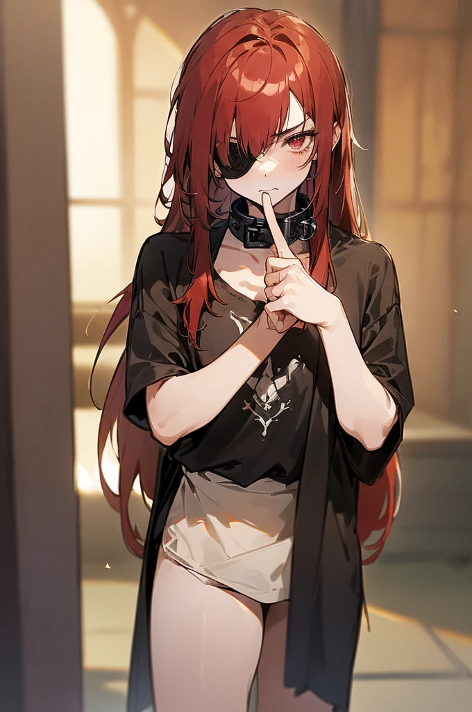 {masterpiece, distinct_image, extremely detailed CG, beautiful eyes and detailed face, 4k, 8k, high_resolution, perfect_finger, medieval style, (beautiful_detailed_eyes:1.3), glitter, no_light, dark_background{1boy, face_focus,full body, looking for_in_viewer, standing},{(shota,slave:1.3) (tattered_very_big_gray T-shirt, no pants, {thick_gray_metal_collar:1.6}, black_right_eyepatch:1.5), (red_hair, red_eyes, long_hair, hair_over_one_eye, one_eye_covered_with_hair, asymmetrical_bangs:1.4), (tired_face, glaring, breathing:1.3), (Middle_Ages_prison_indoor:1.3)}}