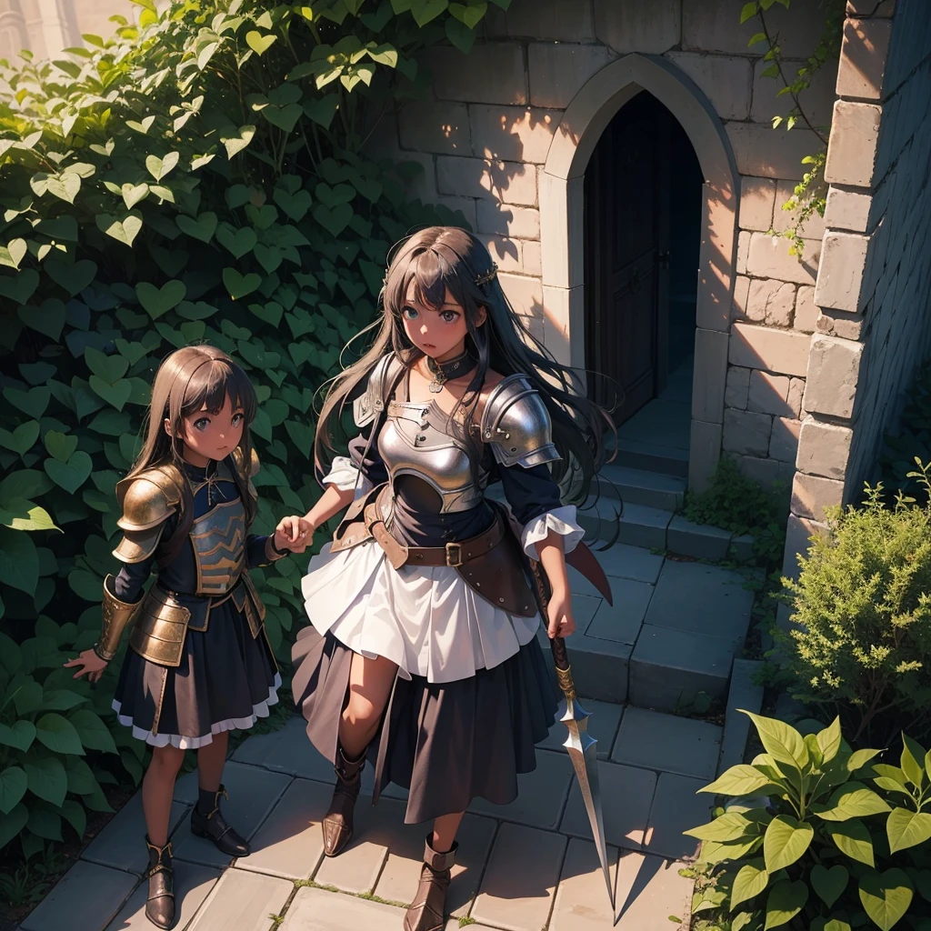 最high quality、high quality、10 years old、Girl Adventurer、Climb the labyrinth stairs、leather armor、Long skirt、Skirt lining、Translucent slip、Holding a spear in both hands、