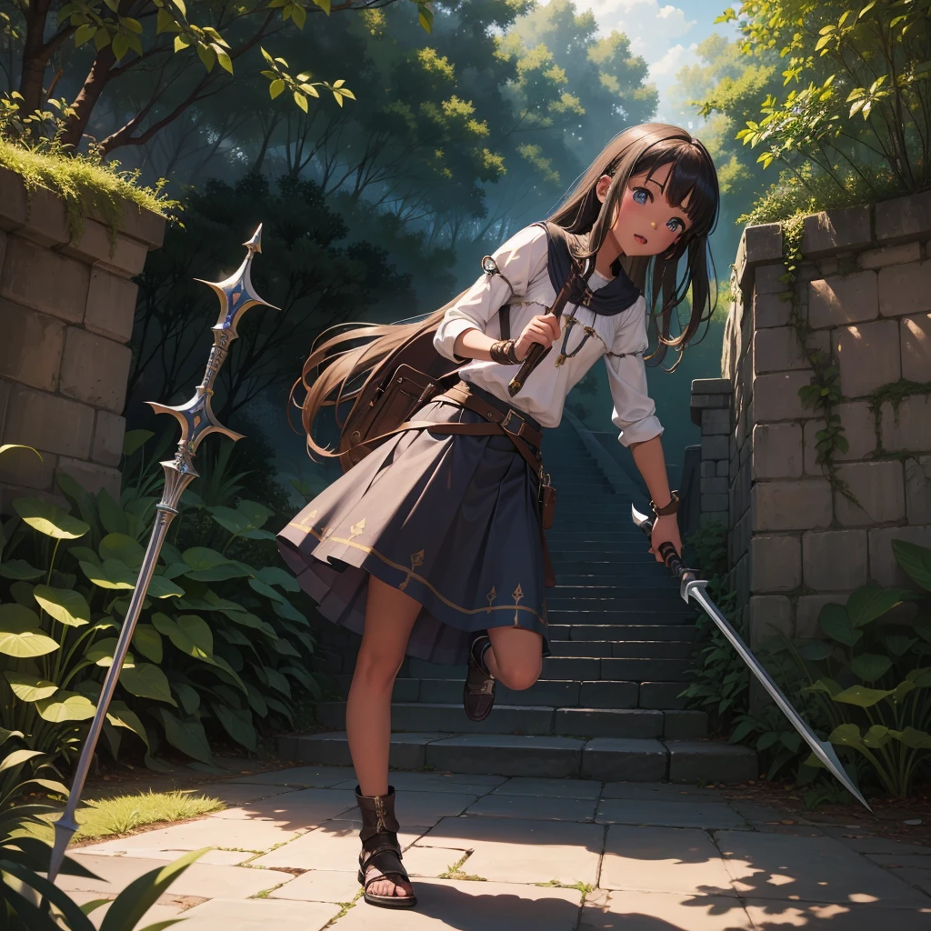 最high quality、high quality、、Girl Adventurer、Climb the labyrinth stairs、leather armor、Long skirt、Skirt lining、Translucent slip、Holding a spear in both hands、