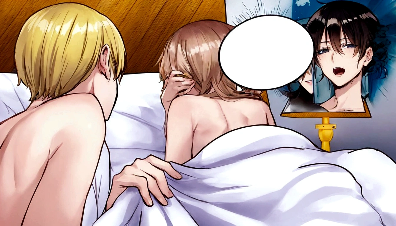 anime scene of a couple of people in bed with a mirror, colored manga panel, coloured manga scan, color manga panel, close angle, close shot, in the bedroom at a sleepover, rule 34, very close shot, closeup shot, colored manga, full color manga visual style, yaoi, close scene, colored sketch anime manga panel