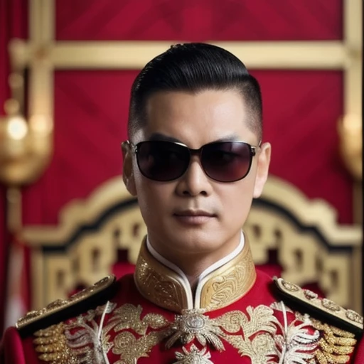 Araffe was dressed in a red and gold uniform and sunglasses., Order of Akira, According to the style of paying homage to the family, Inspiration from Ding Guan Peng, Inspired by Ding Yunpeng, Godfather Khan, emperor, Inspired by Guo Xi, in the style of sifu ปรมาจารย์, Like Andy Lau., in the form of a call price