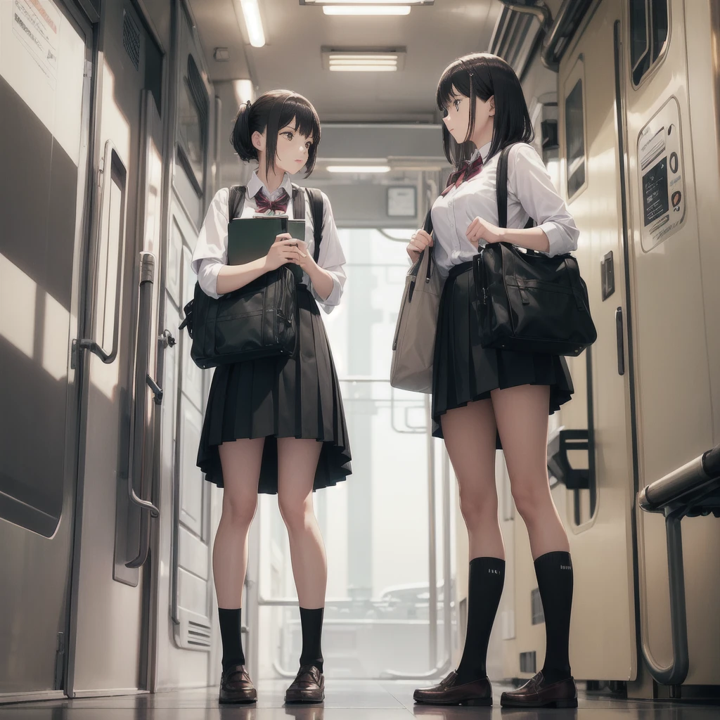 Man standing next to a train々Group of, photograph, Wearing a skirt and knee-high socks, school bag, Sexy Style, Blur, Two Women, photograph, Atmospheric, Skirt lining, angle:Directly below