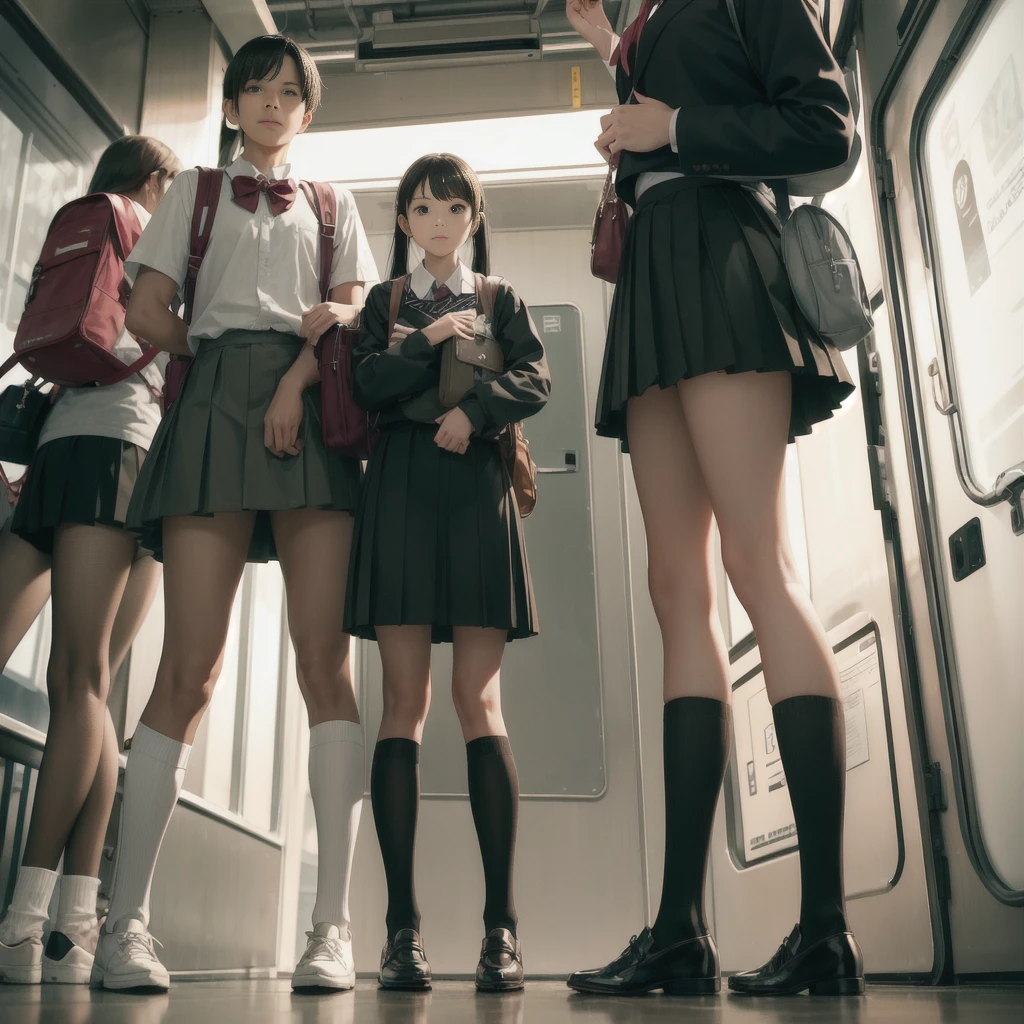 Man standing next to a train々Group of, photograph, Wearing a skirt and knee-high socks, school bag, Sexy Style, Blur, Two Women, photograph, Atmospheric, Skirt lining, angle:Directly below