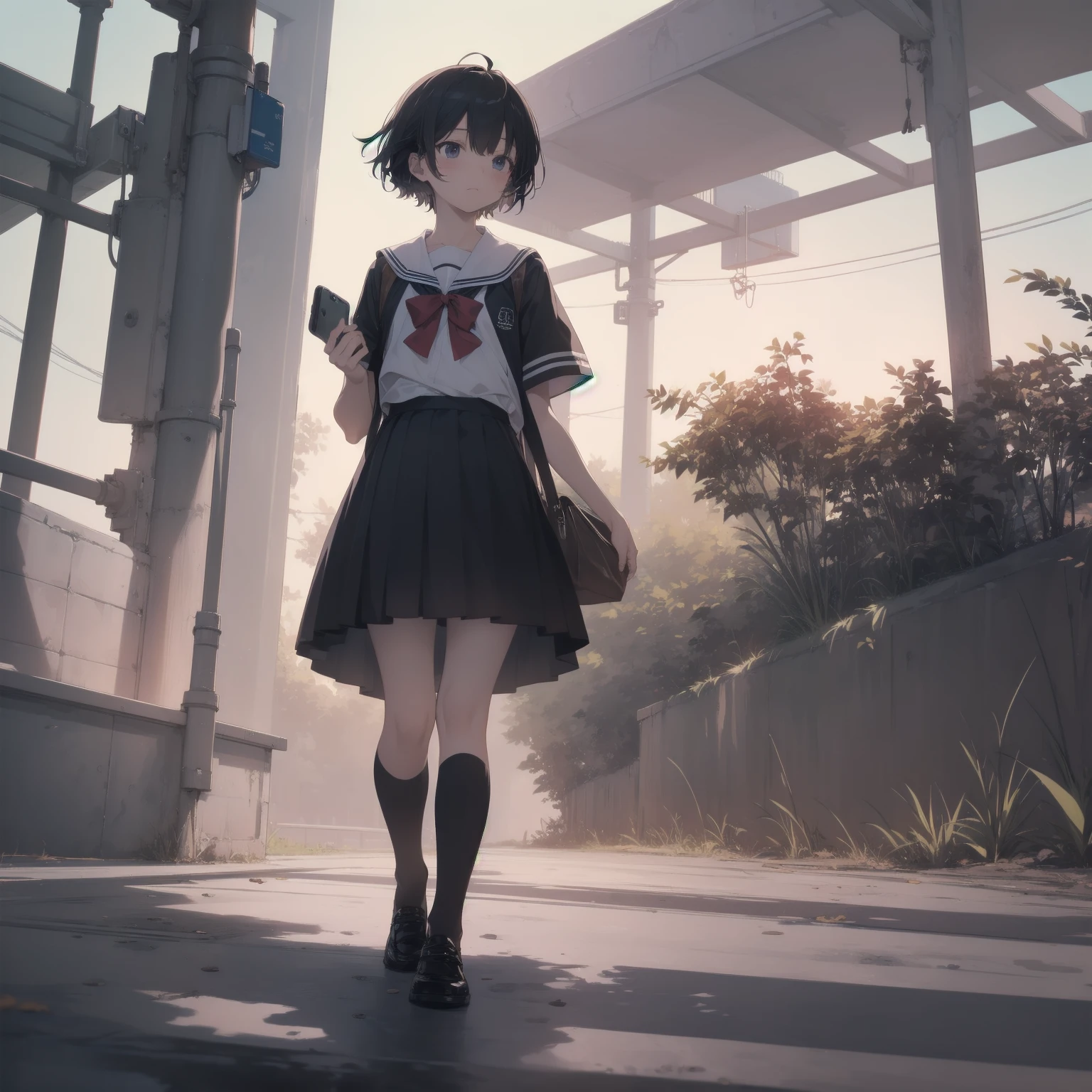 ultra-absurdres-Top quality by artist God, ultra-detailed, high resolution, anime moe artstyle, best anime 8k konachan wallpaper, pixiv contest winner, pool:2810, perfect anatomy,break, 1girl, (Please draw a girl walking sleepily to school alone. )break,(Solo,little female, 13-year-old:1.3),Full limbs, complete fingers,a junior high school student, (very short hair), short cut, flat chest, , small butt, small black eyes, beautiful detailed eyes, well-proportioned iris and pupils, expressive eyes, highres detailed hair, soft expression, salor school_uniform, sailor collar, serahuku, bow, pleated skirt,(Detailed Lighting), (Detailed background), in the School commute route. break,super detailed skin, Best cinematic lighting powered by famous artist, 8k,beauty illustration,photoshop_(medium),very aesthetic,break,((artist:neocoill )), artist:clamp ,artist:carnelian ,artist:kantoku ,
