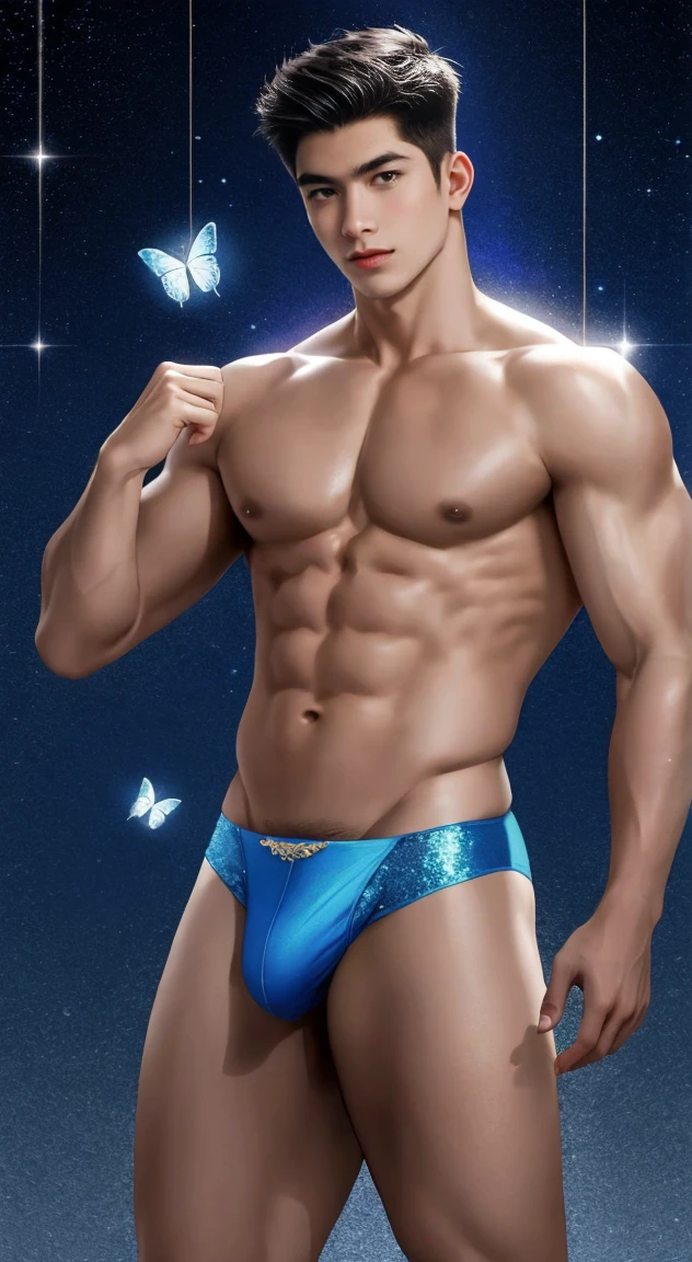 (8K, RAW photos, Highest quality) masterpiece, 1 boy, 18 years old, Asian muscular man Look at the audience, standing, pampered style pose,coquettish,showing her big and muscular breasts, puffy nipples, sexy six pack, narrow waist  , Handsome, Topless, Thick body hair, wearing a soft sparkling blue glowing thong, butterflies on her body, butterflies flying in the air, gradient background, Glitter & Sequin Background, cinematic lighting, UHD