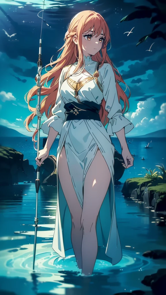 ((((Obra maestra, La mejor calidad, ultrahigh resolution)))), Aquatic scene, 1girl, standing, wavy hair, flowing robes, holding an stylized fishing rod, looking away from viewer, looking at water in the background, medium breasts, serene expression, soft lighting, outdoors, lake or sea, calm waves, serene atmosphere