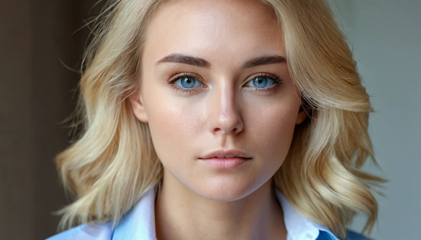 blond woman with a blue shirt and a white shirt looking at the camera, soft portrait shot 8 k, close up of a blonde woman, close - up portrait shot, close up portrait shot, woman's face looking off camera, very pretty face, perfectly lit face, close-up shoot, beautiful look, close up portrait, close up portrait photo, closeup headshot