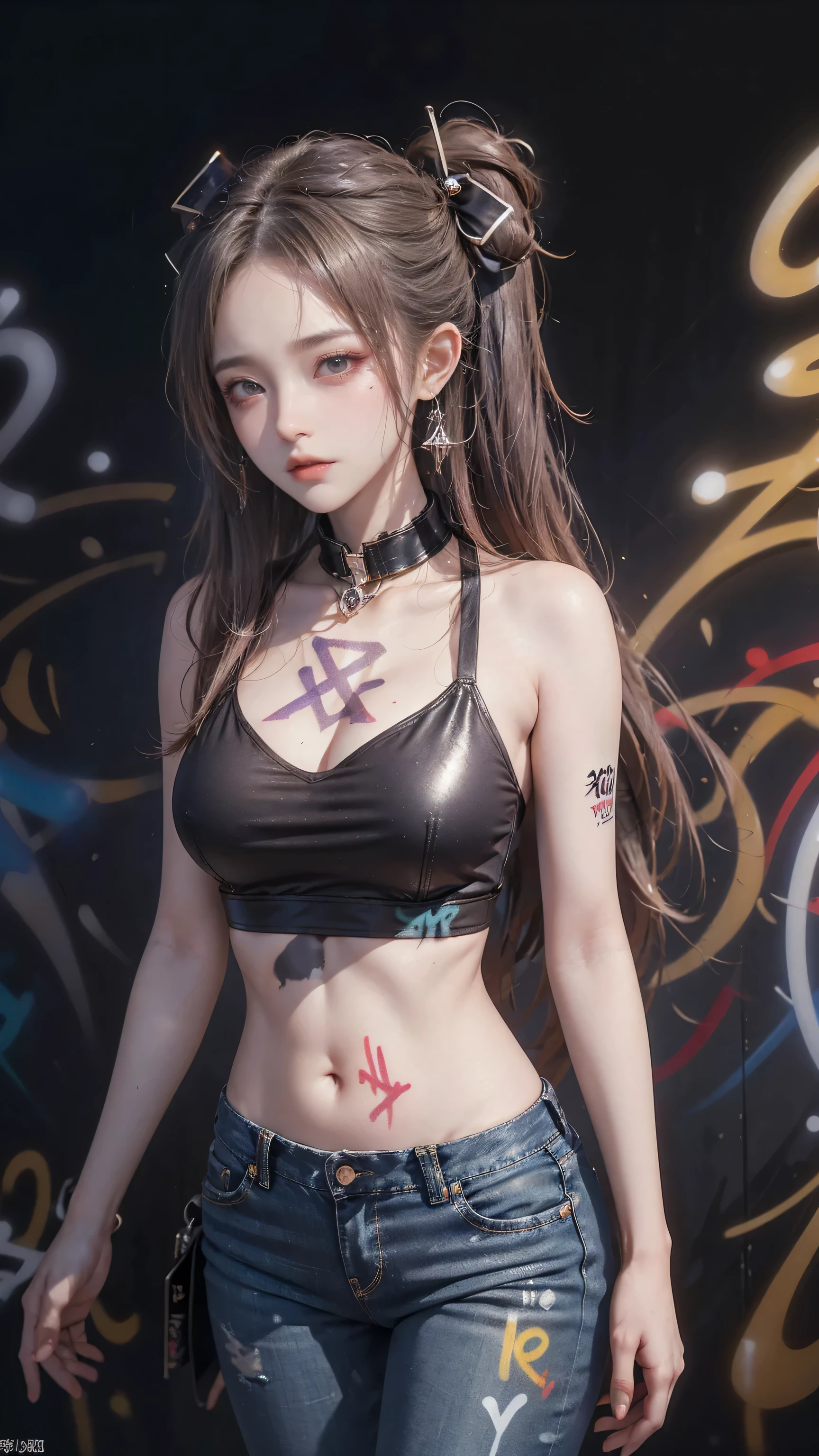 Kamisato Ayaka|Genshin Impact, masterpiece, best quality, 1 girl,25 years old, proportional body, Long legs, beautiful, proportional., Crop Top, Long jeans, Medium breasts, ,only, Crop Top, collar, (Graffiti:1.5), Splash with purple lightning pattern., Put your hands behind your back, Against the wall, View viewers From the front., Thigh straps, Head tilt, boring,(National Technology Development Agency.:1.2), (10, best quality, masterpiece: 1.4), beautiful red hair, Ultra-high resolution, (lifelike, Lifelike Portrait: 1.48), (View through Crop Top.), Famous Japanese actors, beautiful clear eyes, Head tilt, Cowboy shooting, From the front, looking at the audience, poker face, beautiful lake, Zeiss 150mm f/2.0/ 2.8 Hasselblad, whole body, foot, Ultra wide angle,