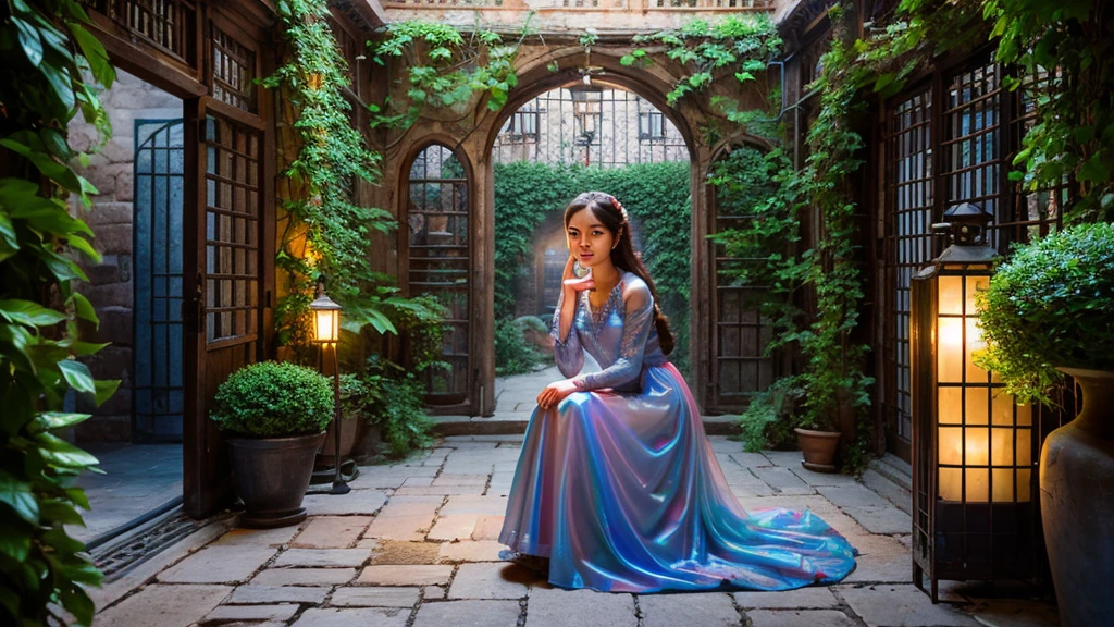 A hyper realistic image of an old courtyard with an ancient iron intricate gate, misty, a beautiful young girl made of luminous and translucent smoke closeup face sitting on the chair, like a spirit, background colourful scary palace, ivy, eerie, ultra HD 64k hyperrealism studio lightning light reflection