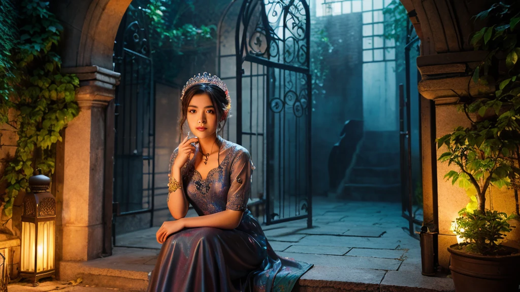A hyper realistic image of an old courtyard with an ancient iron intricate gate, misty, a beautiful young girl made of luminous and translucent smoke closeup face sitting on the chair, like a spirit, background colourful scary palace, ivy, eerie, ultra HD 64k hyperrealism studio lightning light reflection
