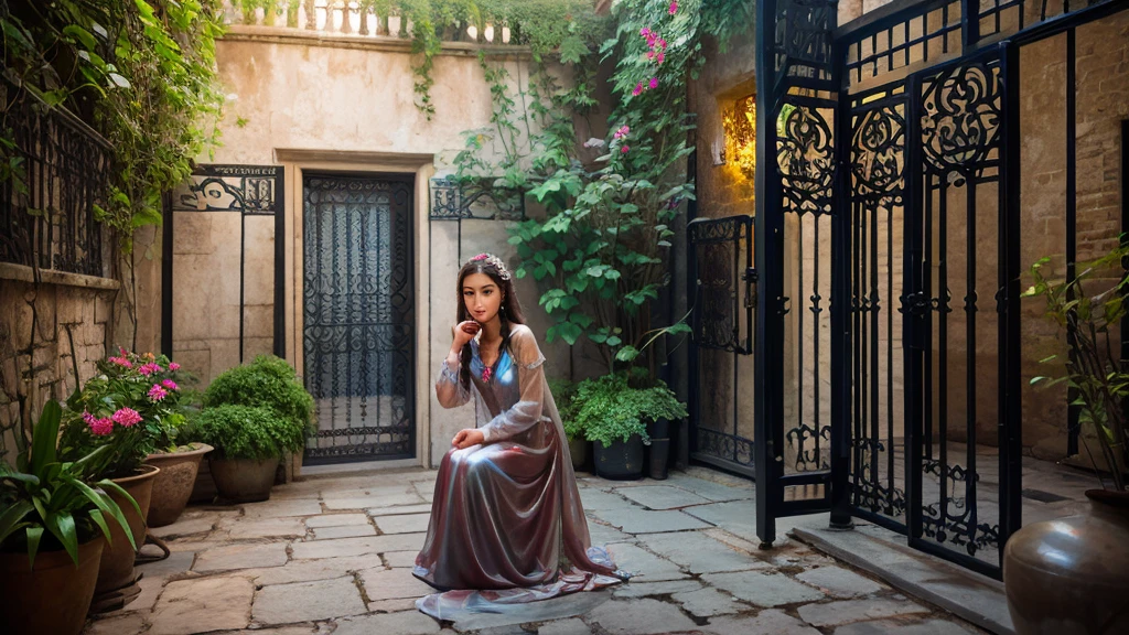 A hyper realistic image of an old courtyard with an ancient iron intricate gate, misty, a beautiful young girl made of luminous and translucent smoke closeup face sitting on the chair, like a spirit, background colourful scary palace, ivy, eerie, ultra HD 64k hyperrealism studio lightning light reflection