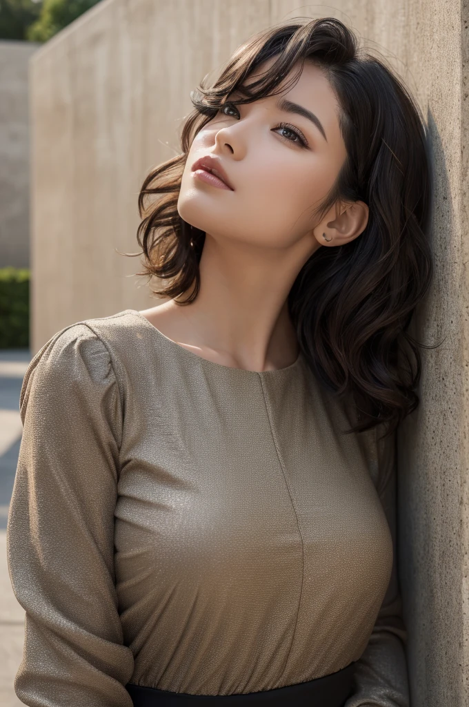 (masterpiece:1.3), (8k, Realistic, RAW Photos, highest quality: 1.4), (One Girl), Beautiful Face, (Realistic Face), (Black Hair, Short hair with loose waves:1.3), Beautiful Hairstyles, Realistic eyes, Beautiful details, (Realistic Skin,Landscape,Look away,Looking Up,Brush your hair up), Beautiful Skin, (Nice dress,Big size,Black Dress,Long sleeve), Absurd, charm, Ultra-high resolution, Ultra-realistic, Very detailed, Golden Ratio,Concrete wall,
