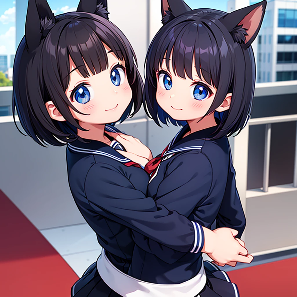 Short black hair Adult female Dog Ears Dark blue colored eyes A student wearing a navy blue sailor uniform with a red ribbon In the city Smiling Face Close-up