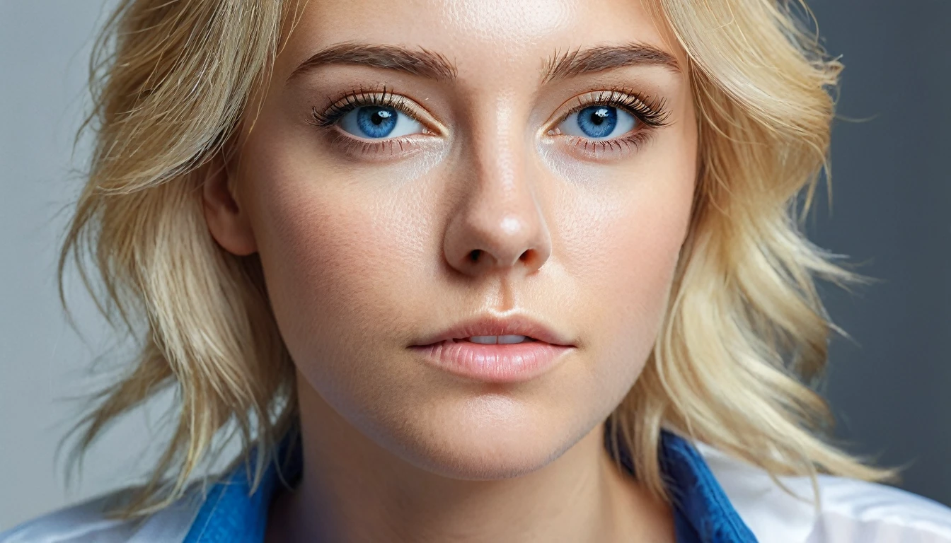 blond woman with a blue shirt and a white shirt looking at the camera, digital art by Emma Andijewska, shutterstock, photorealism, soft portrait shot 8 k, close up of a blonde woman, close - up portrait shot, close up portrait shot, woman's face looking off camera, very pretty face, perfectly lit face, close-up shoot