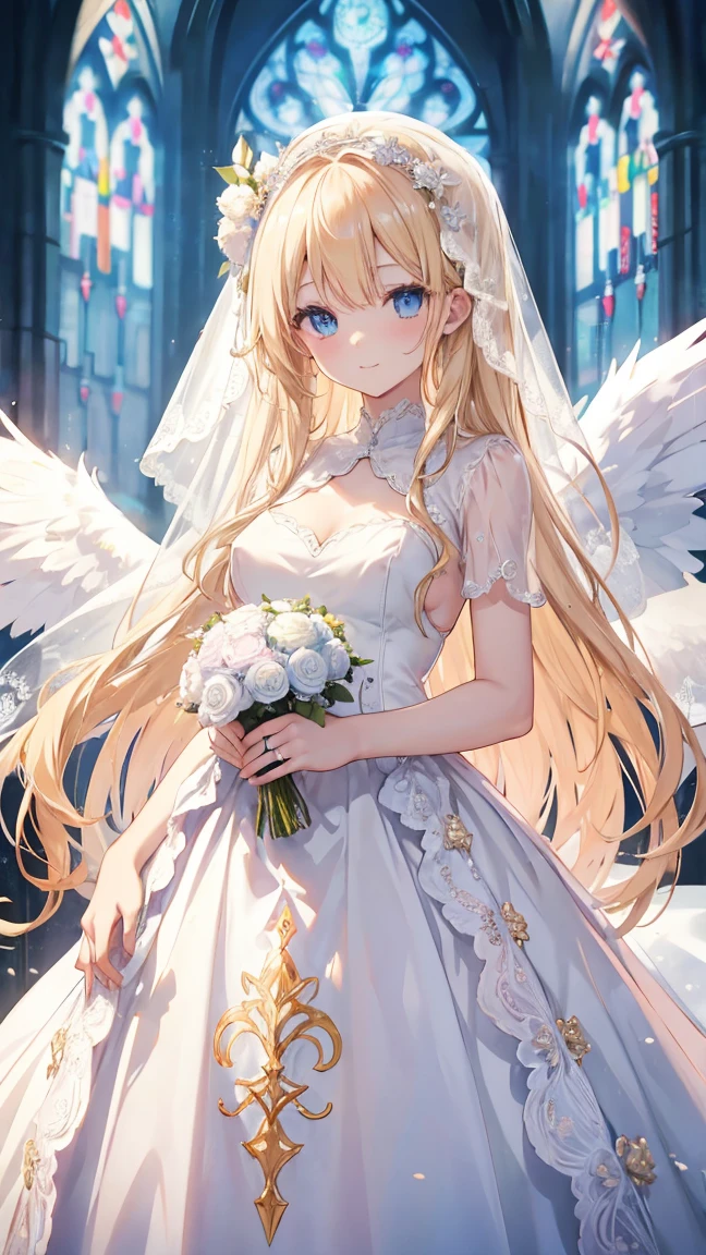 Very long hair、blonde、Detailed sparkly eyes、Sea Blue Eyes、Three pairs of angel wings、Angel halo on head,smile、Embarrassing、Shine、reflected light、Film Grain、masterpiece、Textured skin、Super detailed、High detail、high quality、最high quality、High resolution、16k、Shine、church,Veil,Wedding dress、Expose all breasts、Race,Frills,Stained glass